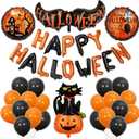 47pcs Happy Halloween Balloons Banner, Black Orange Latex Balloons Large Cat Pumpkin Foil Balloons for Halloween Party Decorations