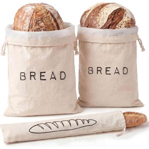 Leafico Reusable Bread Bags 2 Cotton Storage Bags + 1 Baguette Bag with Food Safe TPU Liner For Homemade Bread, Sourdough, Artisan Loaves Freezer Safe & Washable Plastic Alternative