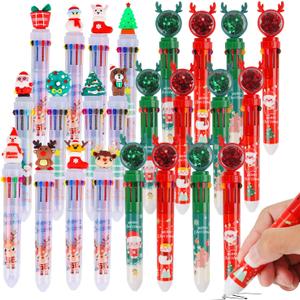 SULOLI 24 Pcs 10 in 1 Christmas Multicolor Ballpoint Pens, Retractable Pen Santa Claus Reindeer Xmas Rollerball Pens for Office School Students Kids Christmas Party Favors