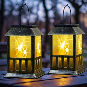 Solar Lanterns Outdoor Waterproof, 3D Star Light with Flashing Mode, Solar & USB C Charging, Metal Hanging Lantern for Wall Landscape Yard Patio Driveway Garden Decor, Warm Light 2 Pack