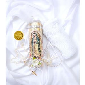 Baptism Candle Set Featuring Our Virgen de Guadalupe Candle Premium Golden Metallic Cover - Velas para bautizo Full kit - Catholic Baptism Candle Set - Vela bautiso