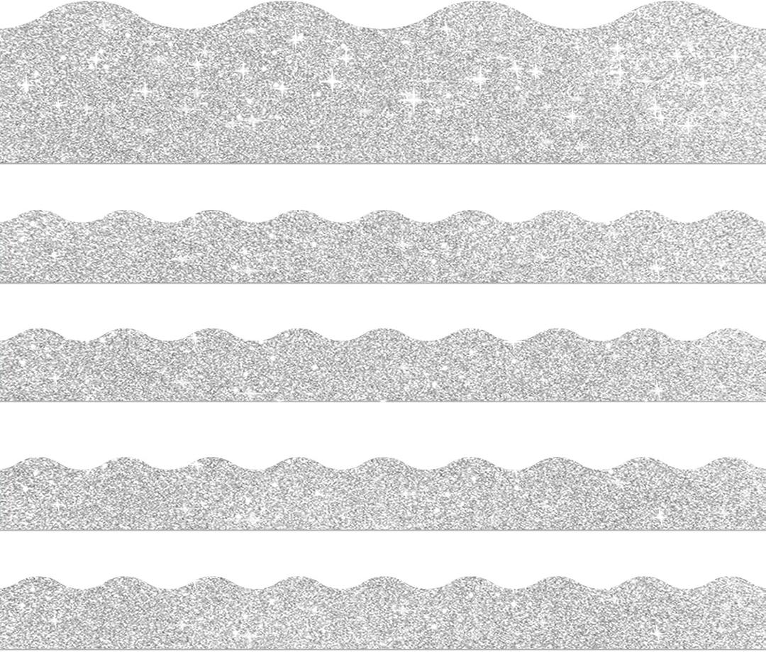 60FT Shine Scalloped Bulletin Board Border- Silver Bulletin Board Border, Shiny Silver Trim Decorative Roll for Classroom, School, Office, Home