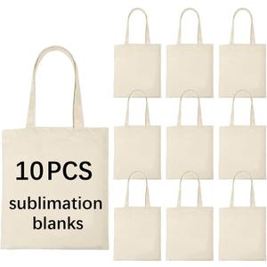 OKBA 10 pcs Sublimation Tote Bags, Polyester Tote Bags for Sublimation, DIY Customization Blank Canvas Tote Bags 12.2 * 14.2 in (Beige)