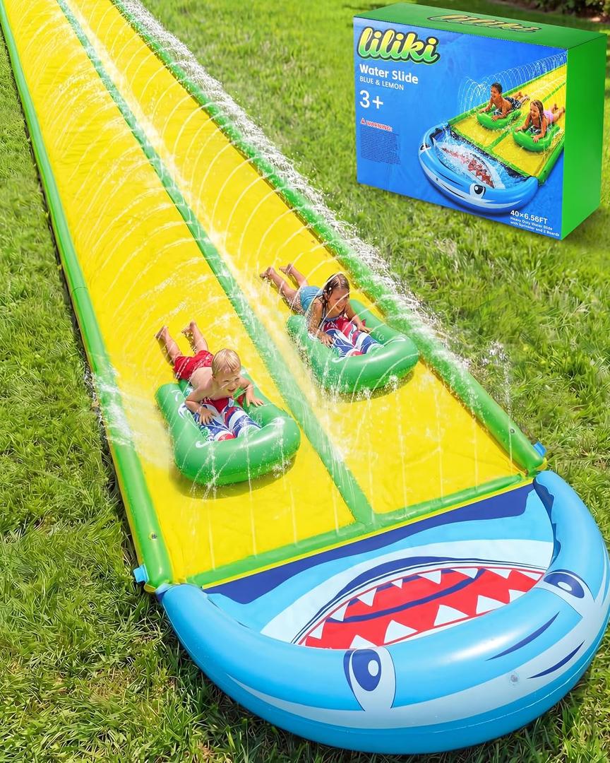 406.56FT Heavy Duty Slip and Slide with Sprinkler and 2 Boards, Slip Splash and Slide with 3-Way Water Sprinkler, Giant Lawn Water Slide for Outdoor Backyard Lawn Kids Teens and Adults (Blue & Lemon)
