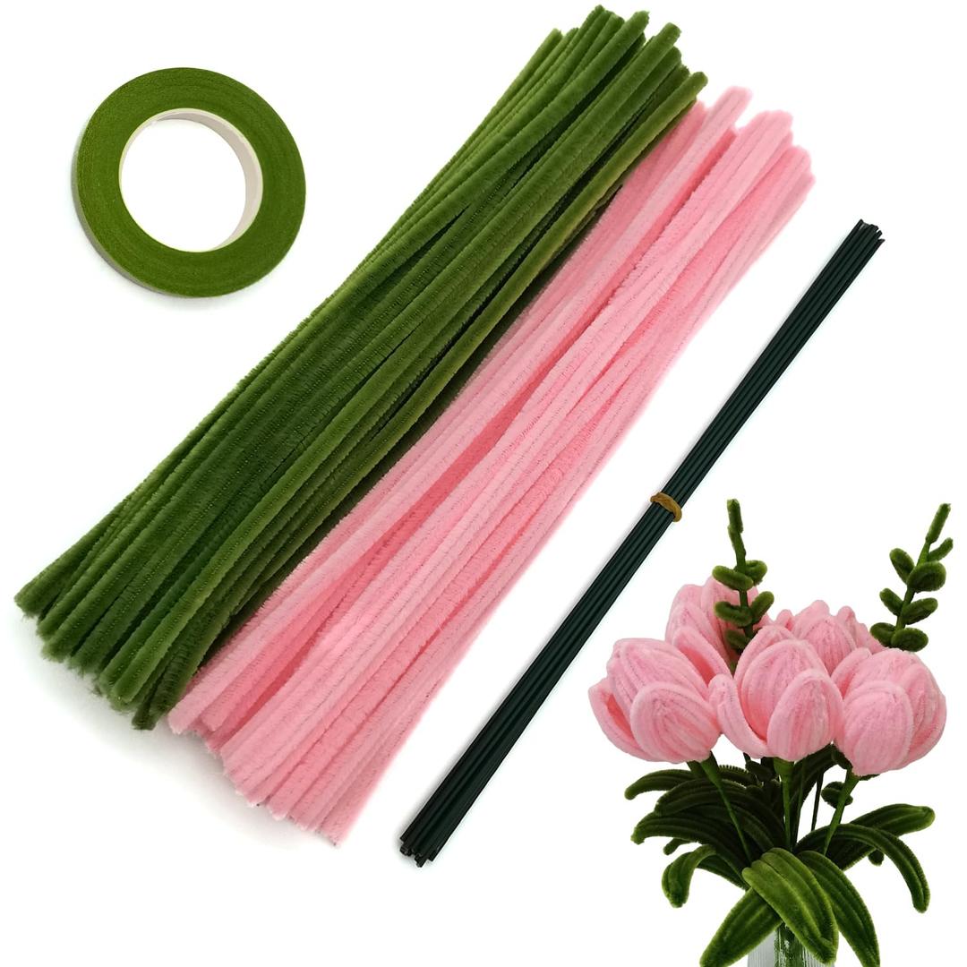 200 pcs Pink OliveGreen Pipe Cleaners Set with Floral Wires & Gardening Tape, Chenille Stems Pipecleaners for Tulip Bouquet Making,Kids DIY Craft Projects and Decorations