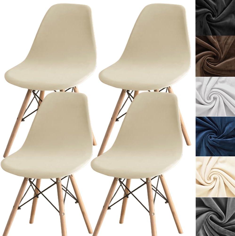 ANWUCHEN 4 Pack Stretch Velvet Shell Chair Cover Mid Modern Dining Chair Covers Washable Dining Room Chair Covers Lounge Armless Chair Cover with Elastic Bands, Beige