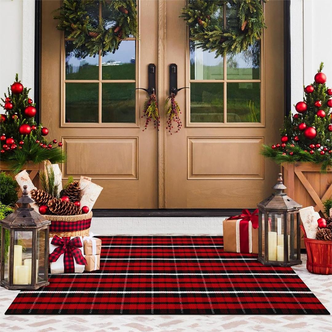 KIMODE Christmas Door Mat Outdoor 24"X51",Red/Black Buffalo Plaid Rug,Washable Cotton Hand-Woven Layered Door Mats,Reversible Outdoor Christmas Decor for Front Porch,Entryway,Kitchen