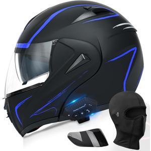 Motorcycle Bluetooth Modular Helmet, DOT Approved Dual Visor Full Face Flip Up Bluetooth Integrated Motorcycle Helmet for Adults Men and Women S