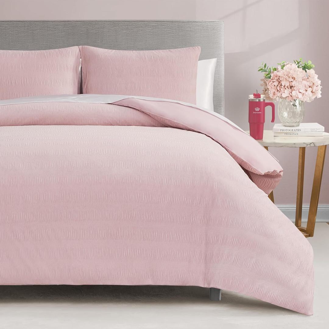 Juicy Couture Lotus Pink Crinkle Velvet King Comforter Set - 3 Piece Luxury Bedding Ensemble