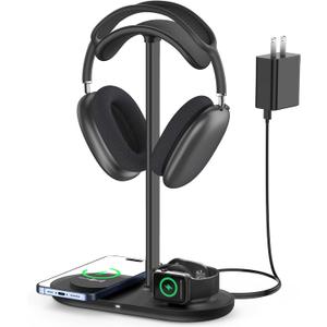 Universal Headphone Stand, Magnetic Wireless Charger for iPhones/AirPods/iWatch, Aluminum Alloy Rod, Leather Pad, ABS Solid Base, Black