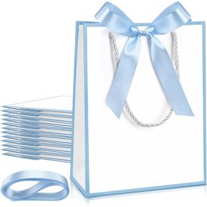 Silkfly 12 Pcs Wedding Paper Gift Bags with Handle 9x7x3.15'' Thank You Gifts Bags with Ribbon Bow Bridal Shower Gifts for Baby Shower Graduation Holiday Birthday Party Supplies (White,Light Blue)