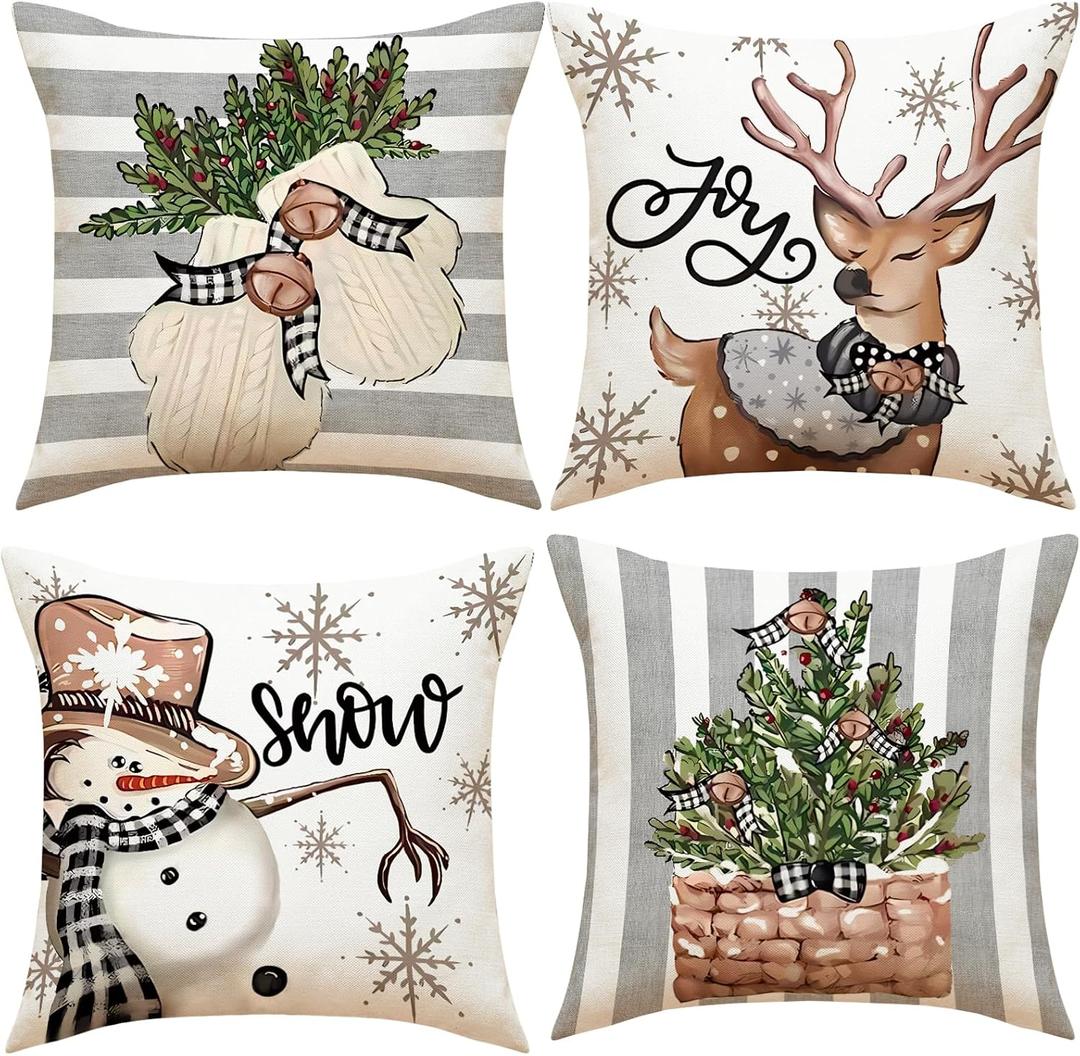 Christmas Cushion Covers - Xmax Decorative Pillow Case 18 x 18 Set of 2 Retro Vintage Decor Throw Pillow Covers for Home Indoor Sofa Christmas Decor (Snow and Joy)