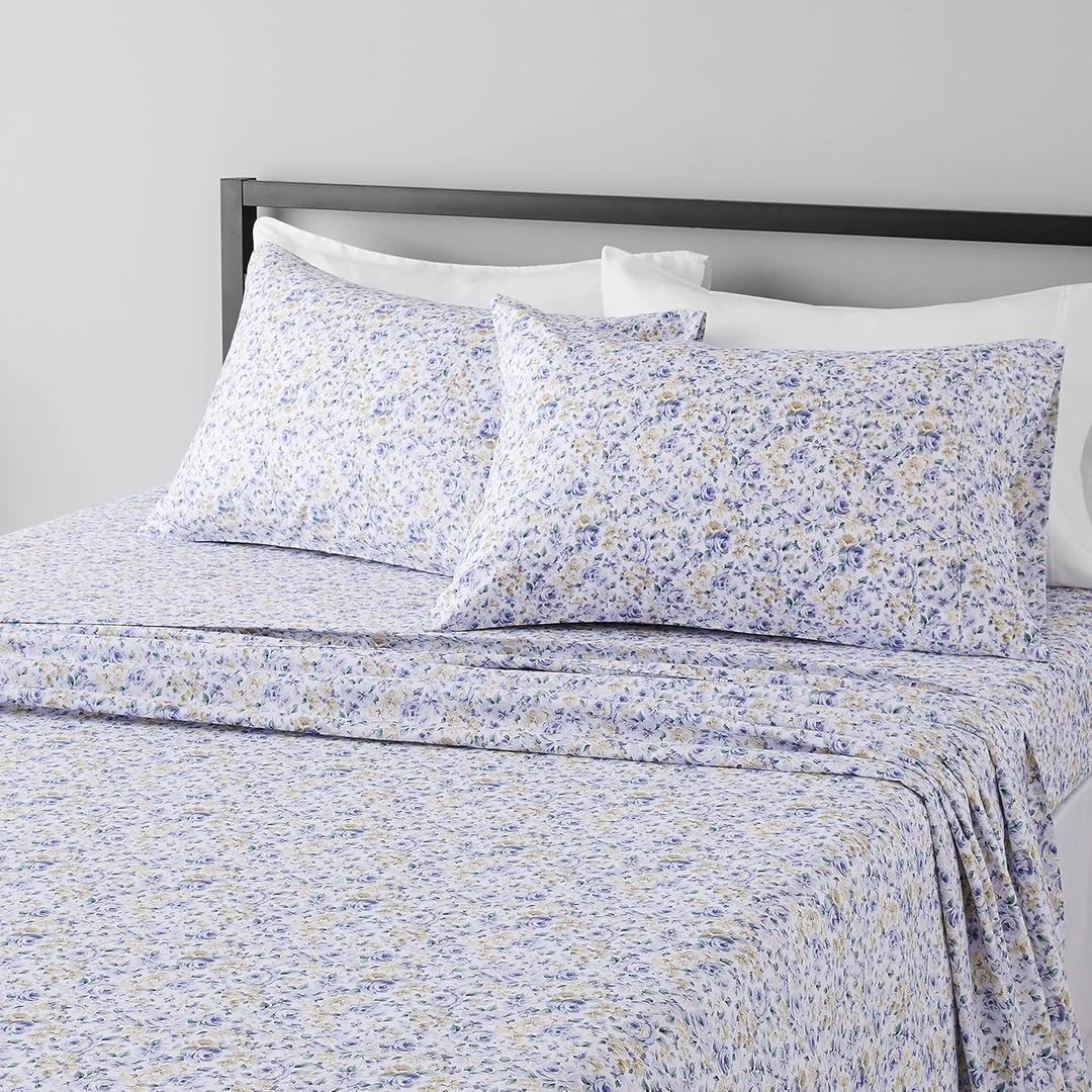 Amazon Basics Soft, Easy Care Deluxe Brushed Microfiber Queen Bed Sheets, 4-Piece, Blue Floral
