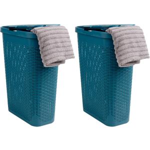 Mind Reader Slim Laundry Hamper with Lid, 40L Clothes Basket, Narrow Tapered Design with Ventilated Cutout Pattern, Plastic, Set of 2, Blue