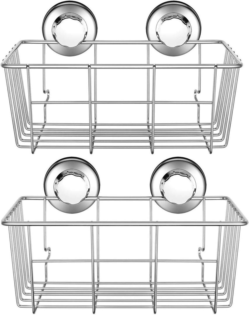 Suction Cup Shower Caddy Basket for Shampoo Combo Organizer Basket Stainless Steel Holder for Bathroom Storage，Pack of 2