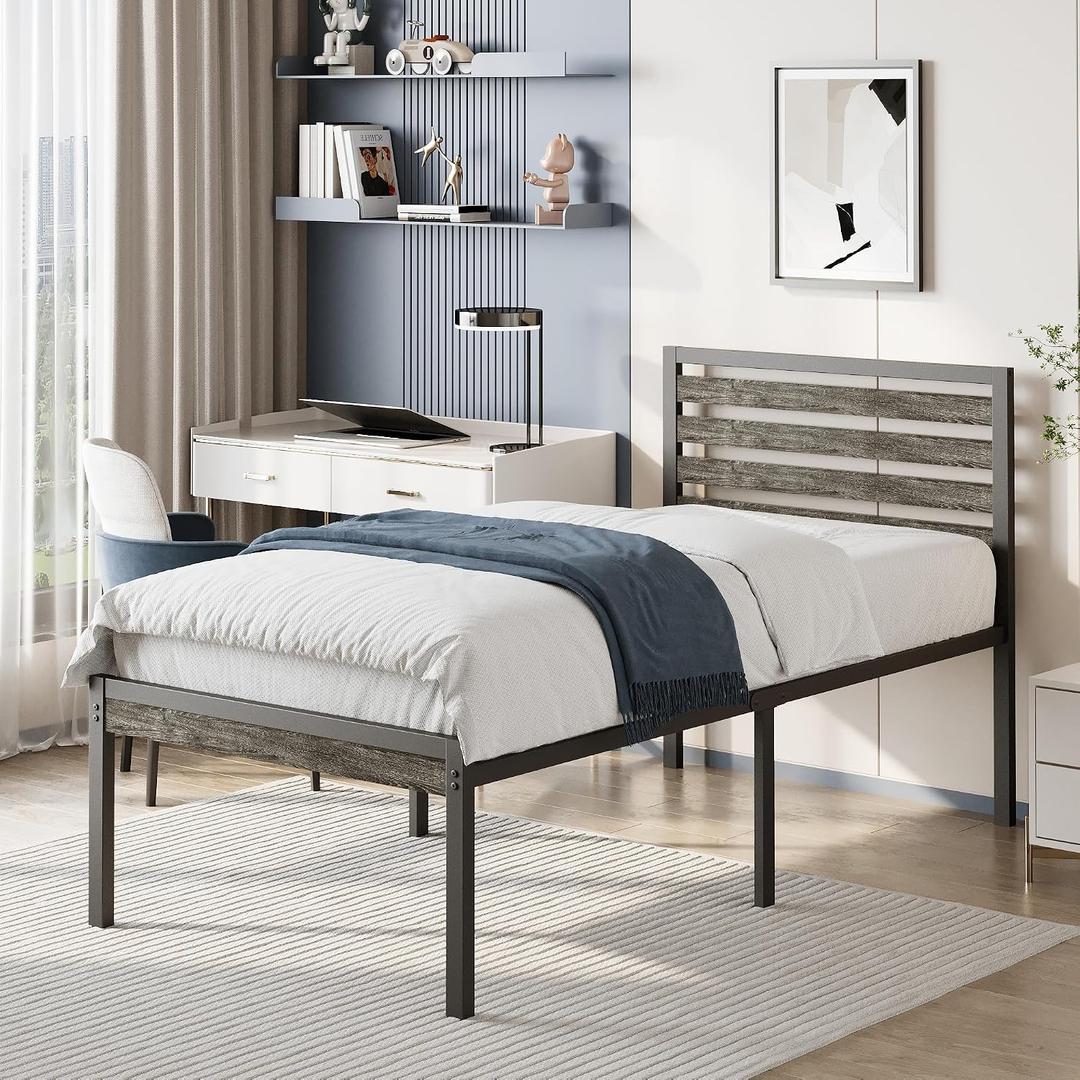 18 Inch Metal Twin Bed Frames with Gray Wooden Headboard, Heavy Duty Tall Twin Platform Bed Frame with Steel Slat Support, Noise Free, No Box Spring Needed, Easy Assembly