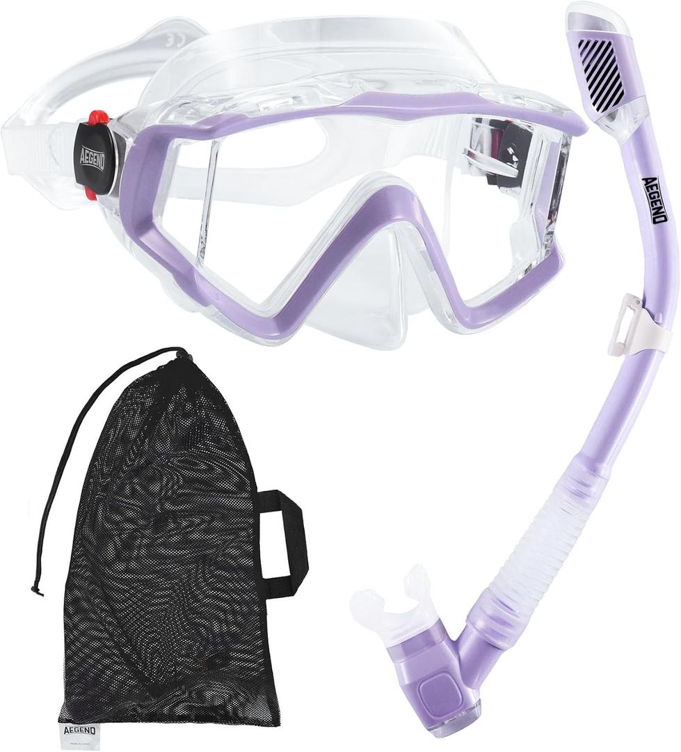 Aegend Snorkeling Gear for Adults Youth Kids, Snorkel Mask with Top Dry Valve - Panoramic View Anti-Leak and Anti-Fog with Mesh Bag for Snorkeling, Scuba Diving, Freediving & Swimming (Purple)