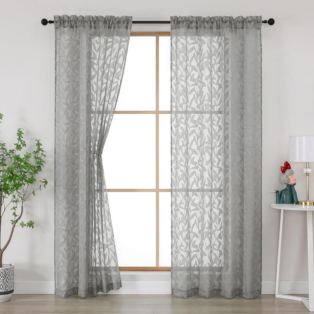 Gwine Charcoal Grey Curtains 84 Inches Long 2 Panels Set, Light Filtering Soft Lightweight Sheer Curtains, Leaf Clip Jacquard Textured Curtain for Bedroom Living Room, 42Wx84L Inches, 2PCS