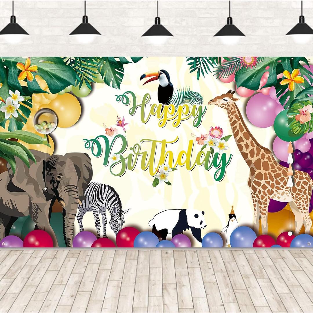 Happy Birthday Banner for Jungle Safari Theme Party Decorations, Fabric Animal Zoo Backdrop Tropical Forest Poster for Boys Girls Wall Supplies, 185*110cm (Green & Yellow)