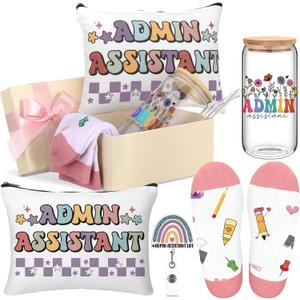 Skylety 5 Pcs Administrative Assistant Gifts for Women 16oz Glass Cup Sock Cosmetic Bag Badge Reel Admin Assistant Appreciation Gift Box for Employee Coworker Secretary Custodian Supplies