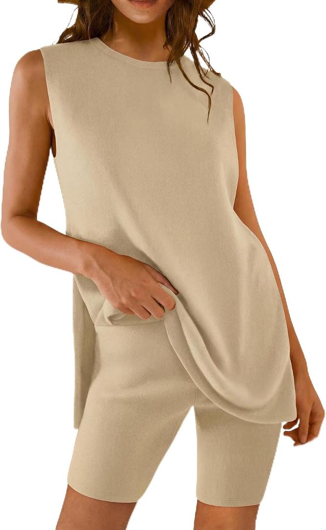 AGSEEM Women's 2 Piece Lounge Sets Summer Casual Sleeveless Outfits (Beige)