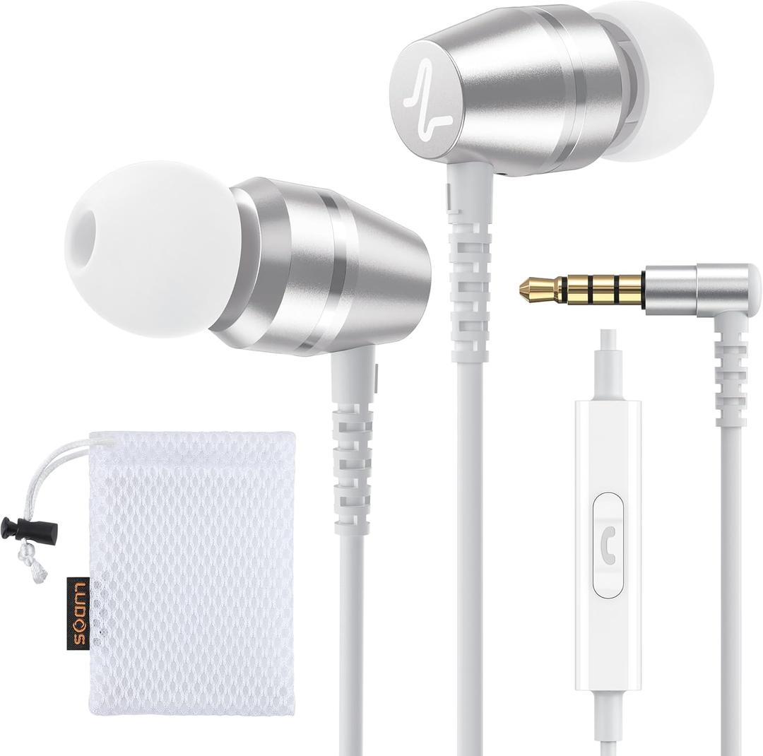 LUDOS OMNITONE Wired Earbuds in-Ear Headphones, Earphones with Microphone, 3.5 mm Jack Corded Ear Buds, Videoconference for iPhone, Samsung, Laptop, Kids, School Students - White