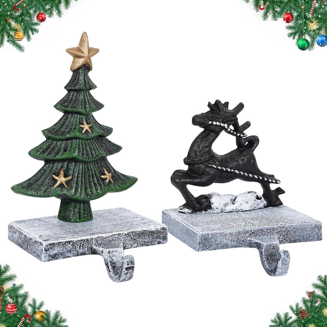 Christmas Stocking Holders for Mantle - Set of 2 Heavy Duty Cast Iron Stocking Hangers with Non-Slip Base | Exquisite 3D Xmas Tree, Reindeer Mantel Hook for Fireplace Decoration Holiday Gifts