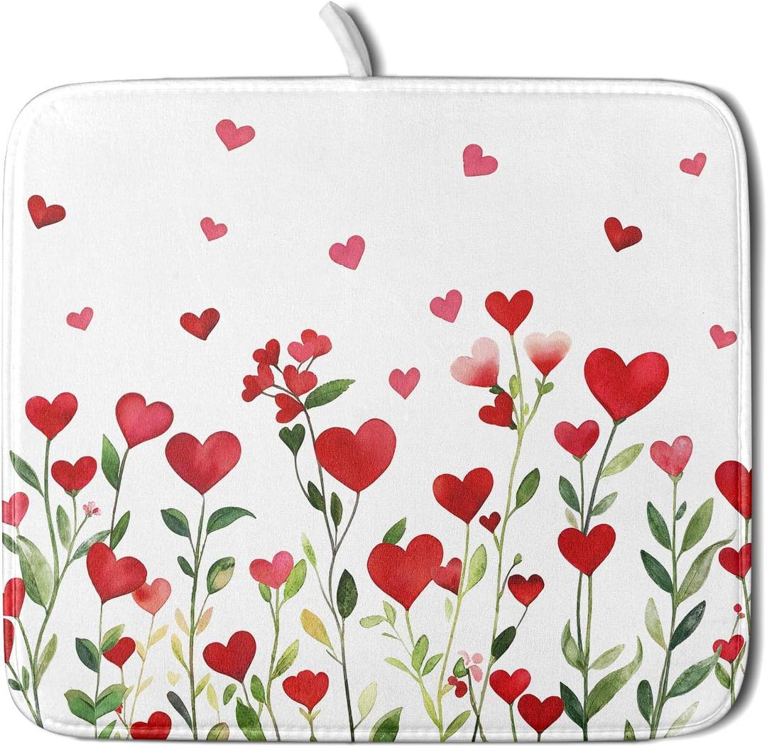 Valentines Day Dish Drying Mat for Kitchen Counter 18x16 Inch Green Red Heart Drying Mat with Absorbent Reversible Microfiber Holiday Love Dish Drainer Mats Rack Pad for Coffee Countertop Protector