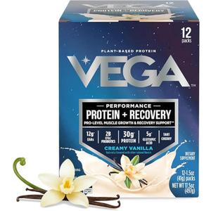 Vega Protein + Recovery, Vanilla  30g Vegan Protein, Dairy & Gluten Free, Probiotics, NSF Certified, 12 x 1.6 oz (12 Servings) (EXP 08/02/27)