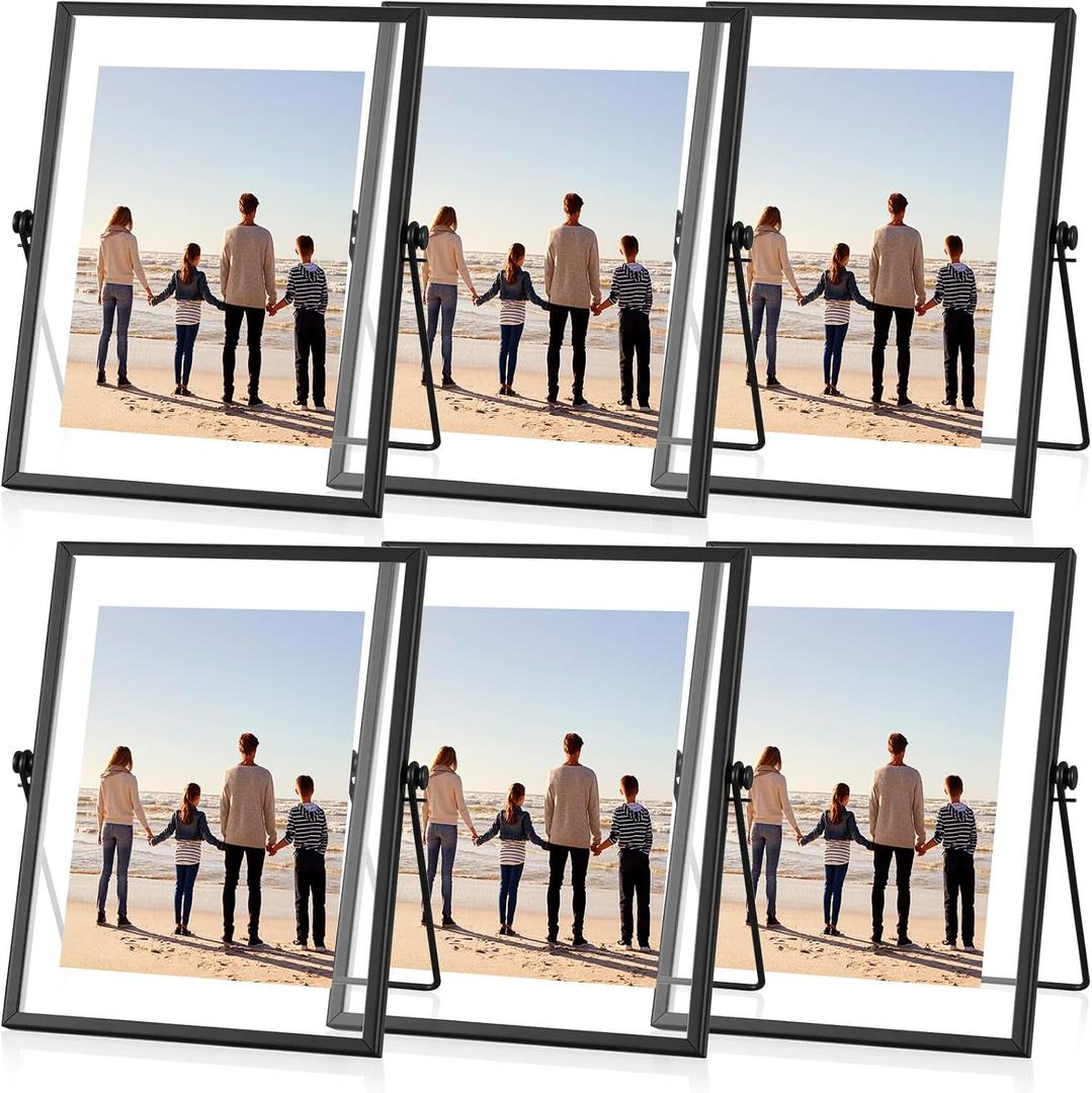 Amyhill Set of 6 Metal Picture Frames Vintage Minimal Ornate Floating Frames 4 x 6 Inches Photo Antique Easel Stand Vertical Glass Holder for Pictures Photos Desk Tabletop Display(Black)