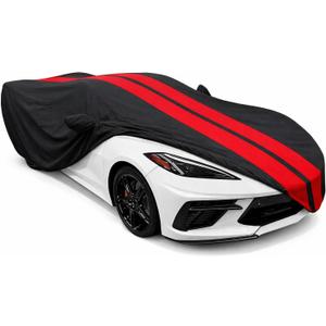 SR1 Performance USA C8 Corvette Car Cover Outdoor 20202026 Custom Fit Stingray Z06 Z51 E-Ray, Water Resistant Breathable, UV Protection, Wind Secure & Storage Bag (Black with Red Stripes)