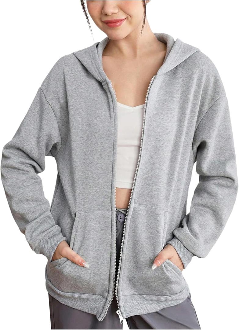 SHENHE Girl's Zip Up Oversized Sweatshirts Casual Fall Hoodie with Pocket (Grey) 16 Years