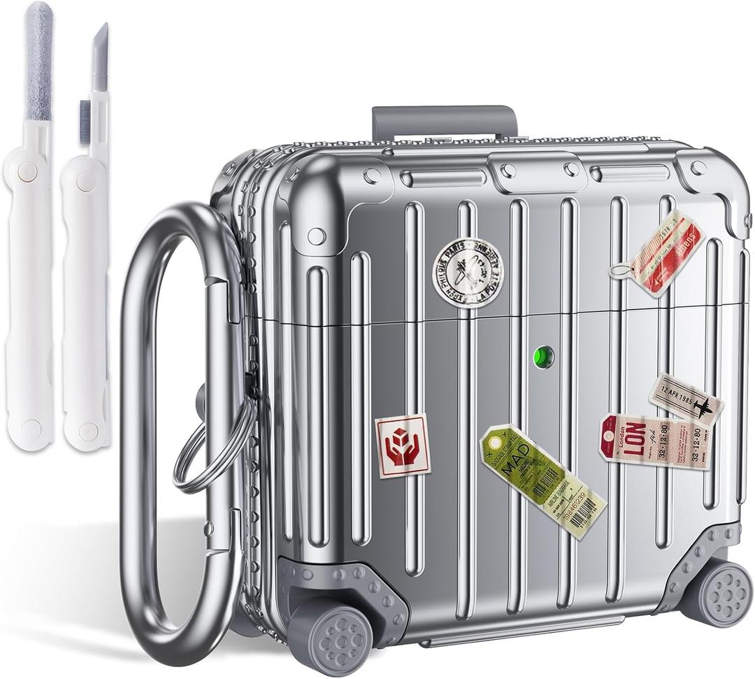 KOREDA Compatible with AirPods 4 Case Cover, Funny Suitcase Design Case for Airpods 4th Generation 2024, Cute Fashion Protective Hard Case with Cleaner Kit & Keychain (Silver)