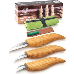 BeaverCraft Wood Carving Knife Kit S15 Whittling Kit for Beginners, Kids - Wood Carving Tools Set with Detail Chip Knife Sloyd Whittling Knives & Leather Strop, Polishing Compound and Tutorials