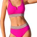 Girls Swimsuit High Waisted Bathing Suit for Girls V-Neck Cutout Two Piece Swimwear Color Block Welt Bikini Set  (13-14 Years, Hot Pink)