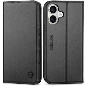 SHIELDON Wallet Case for iPhone 16 Plus 5G 6.7", Genuine Leather Flip Cover RFID Blocking Card Slots Kickstand Magnetic Closure Shock-Absorbent Case Compatible with iPhone 16 Plus 2024 - Black