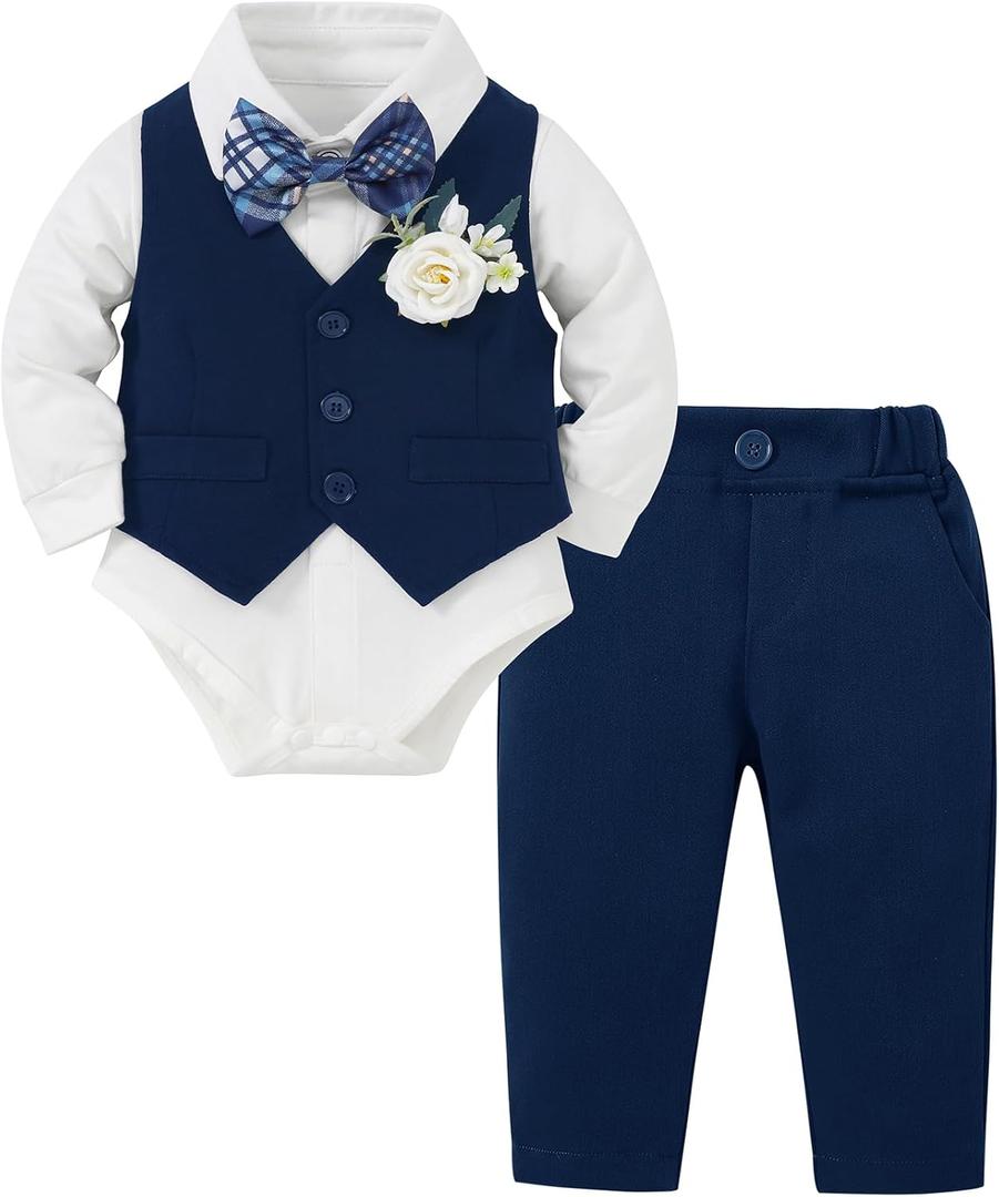 Coco&RARA Baby Boy Clothes Suits Infant Gentleman Outfits, Formal Dress Shirt+Vest+Corsage+tie+Pants Baby Suit Set (0-3 Months, Navy Blue)