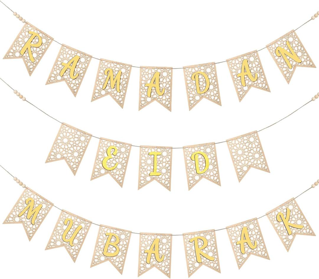 Menkxi 3 Pcs Eid Ramadan Mubarak Banner Wooden Ramadan Mubarak Decoration Rustic Bead Decorations Banner Muslim Party Decor Supplies for Home Fireplace Indoor Outdoor (Large,Gold Letters)