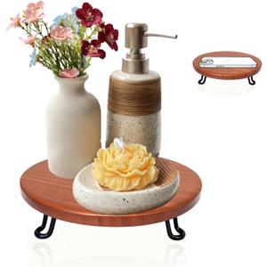 8 Inch Round Wood Riser with Metal Legs - Decorative Pedestal Tray Stand for Countertop Organizer - Farmhouse Boho Style Display Stand for Kitchen, Bathroom, Coffee Bar
