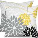 Grey and Yellow black Floral Pillow Covers 18x18 Set of 2 Outdoor Waterproof Decorative Throw Pillows Summer Pillow covers Polyester Cushion Case Decor for Couch Patio Funiture Garden Porch 011C18