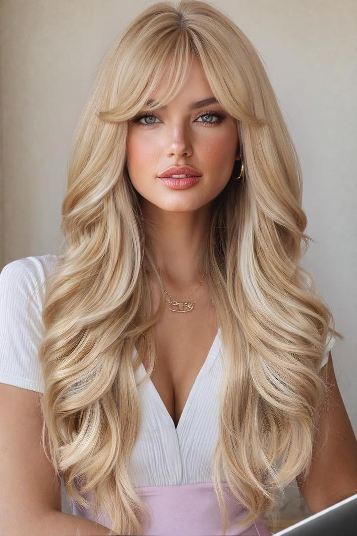 WIGER Long Wavy Hair With Bangs Flaxen Mix Blonde Curly Hair Synthetic Layered Wavy Wig for Women Daily or Costume Use Cosplay Party Wigs (10.43 x 7.99 x 2.76 in)