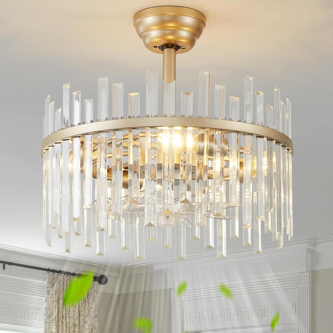 20" Gold Crystal Fandelier Ceiling Fan with Light, Gold Crystal Chandelier Ceiling Fan with Light Remote Control, 6 Speeds for Bedroom, Nursery, Living Room