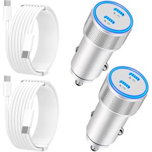 MFi CertifiediPhone 17 Car Charger Fast Charging, BARMASO Pack of 2 90W Dual PD Power Cigarette Lighter USB C Car Charger + Type-C Cable for iPhone 17/17 Air/17 Pro/17 Pro Max/16/15/Galaxy S25/S24/Pixel (Silver Titanium)