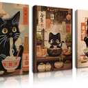 Framed Funny Black Cat Canvas Wall Art Set of 3, Vintage Japanese Cat Eating Ramen Wall Decor, Cute Animal Poster Prints, Edo Period Paintings Pictures for Living Room Kitchen Dining Room 16x24 inch