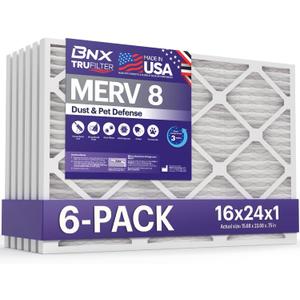 BNX TruFilter 16x24x1 Air Filter MERV 8 (6-Pack) - MADE IN USA  Dust & Pet Defense Pleated Air Conditioner HVAC AC Furnace Filters for Dust, Pet, Mold, Pollen MPR 600  700 & FPR 5