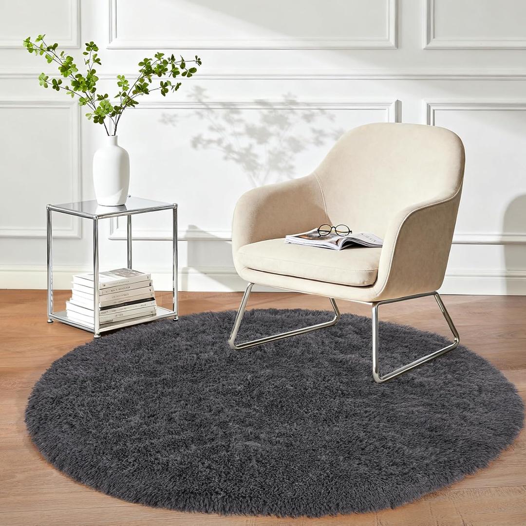 Small Round Rug 3ft, Fluffy Circle Rugs for Bedroom, Plush Shag Area Rug Non Slip, Modern Indoor Carpet for Living Room Kids Room Nursery Playroom Dorm Home Decor, Anthracite Gray