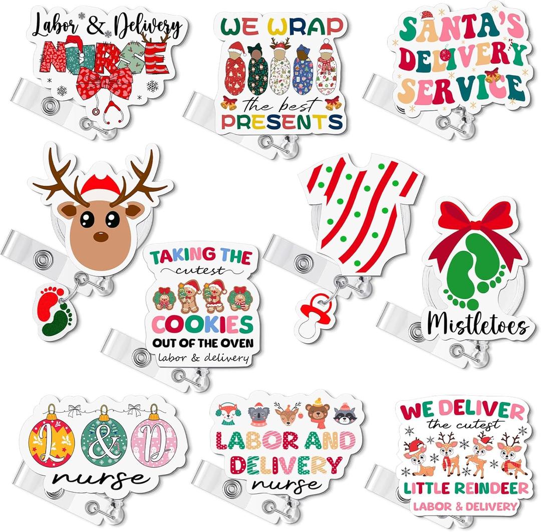 Riceshoot 10 Pcs Christmas Nurse Badge Reel with Metal Clip Acrylic Name Badge Clips Retractable Elk Footprints Christmas Ball Gingerbread Man Ideal Gift for Nurses Doctor Teachers