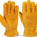 OZERO Leather Work Gloves Flex Grip Tough Cowhide Gardening Glove for Men and Women (Medium, Gold With Mesh Linning)