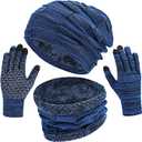 Mens Hat Set Touchscreen Glove Neck Warmer Winter Hats Scarf Gloves Set Slouchy Beanie Knit Fleece Skull Cap (Blue)