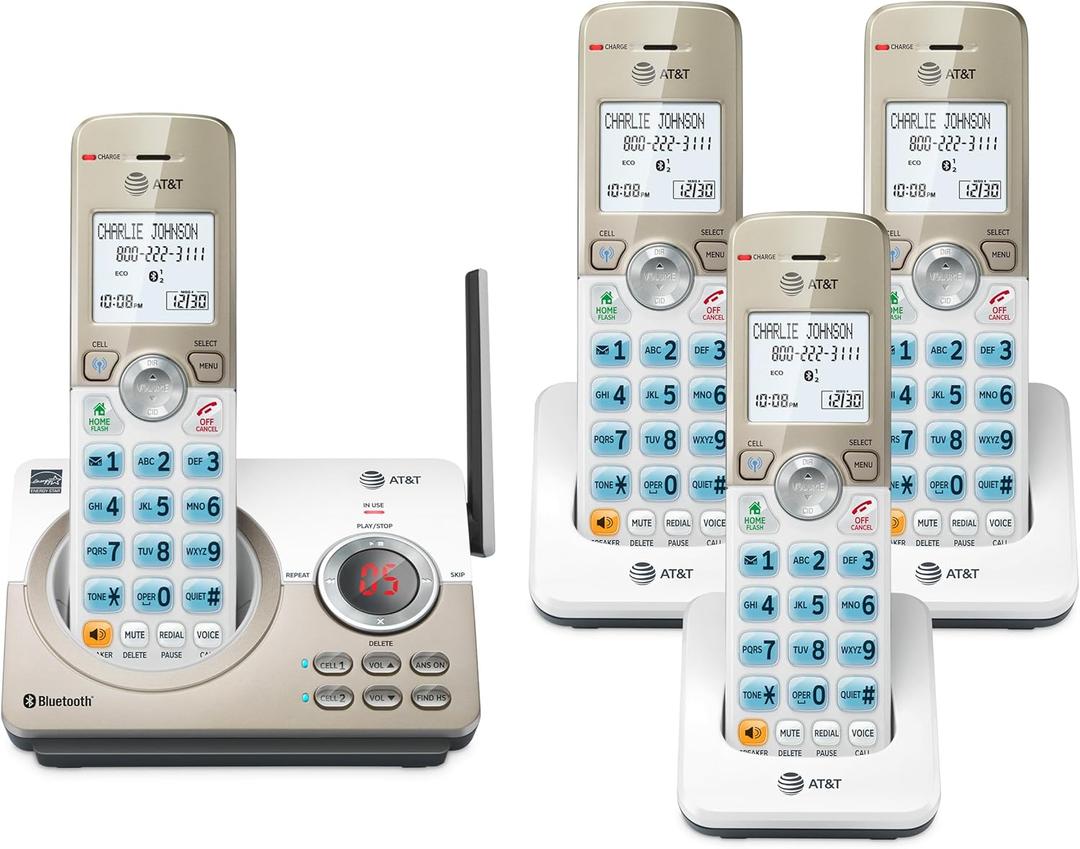 AT&T 4-Handset DECT 6.0 Expandable Cordless Home Phone with Large Display, Big Buttons, Answering Machine, Smart Call Blocker, Bluetooth Connect to Cell, Long Range, Caller ID, Speakerphone: EL52203